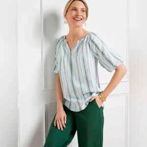 Talbots Linen Top‎ Blue & White Stripes 2X Resort Vacation Beach Relax